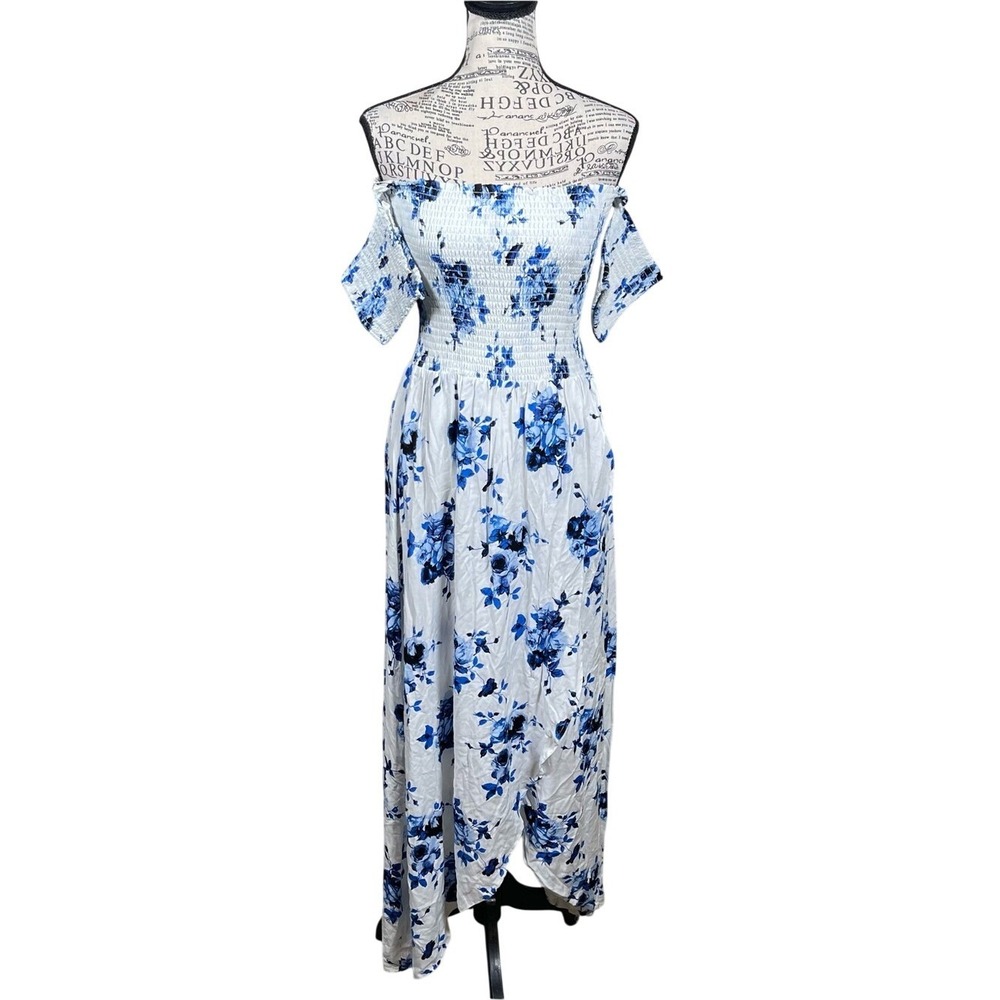 Altar'd State White Maxi Dress with Blue Floral Print